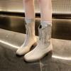 New Winter Women's Shoes Vintage Retro Embroidery Brown Beige Thick Heels Leather Boots Knight Boot Western Cowboy Boots