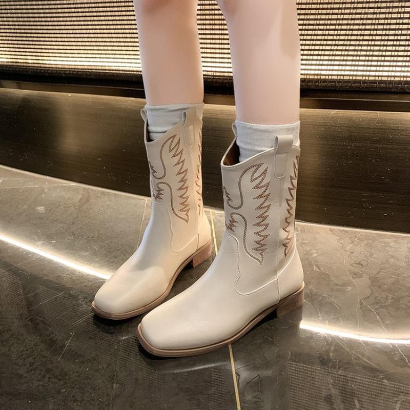 New Winter Women's Shoes Vintage Retro Embroidery Brown Beige Thick Heels Leather Boots Knight Boot Western Cowboy Boots