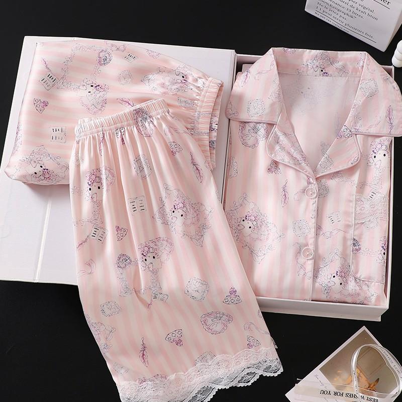 Girls Ice Silk 3-Piece Pajama Set Short Sleeve Sleepwear Kids 8 Years Cartoon Print Lightweight Air-Conditioning Suit