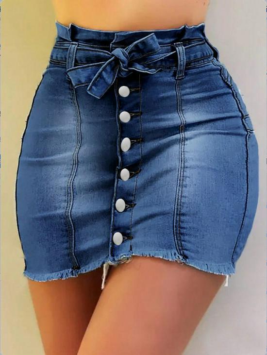 ATC70568 Damen High Waist Mehrfarbiger Paperbag-Design Stretch-Denim-Rock