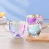 250/350ML Double Wall Coffee Mug with Handles Clear Milk Cups Gifts Glass Cup Household Office Fill Simulation Feather Teacup
