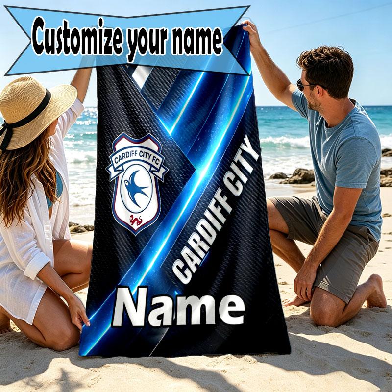 Custom Name Personalized Cardiff City FC Print Beach Towel, for Trip Camping Beach Party Home Decor, Birthday Gift for Family & Friends