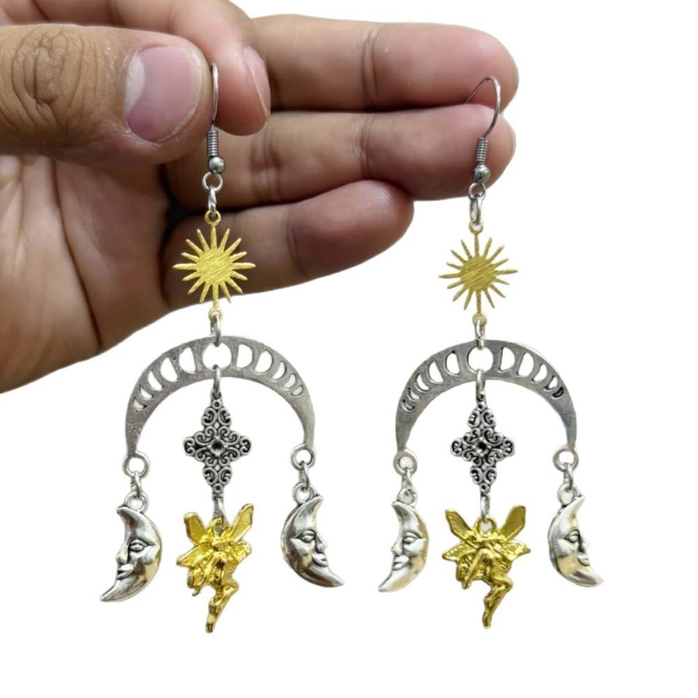 Bohemian-style Hollowed-out Crescent Moon Human Face Sun Butterfly Dangle Earrings for Woman Dramatic Jewelry Accessories Gifts