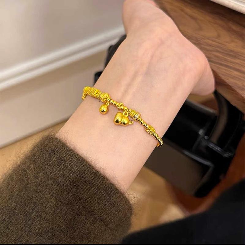 Women's Sand Gold Gourd Charm Beaded Bracelet - New Chinese Style, Retro National Design, Long-Lasting Color Retention