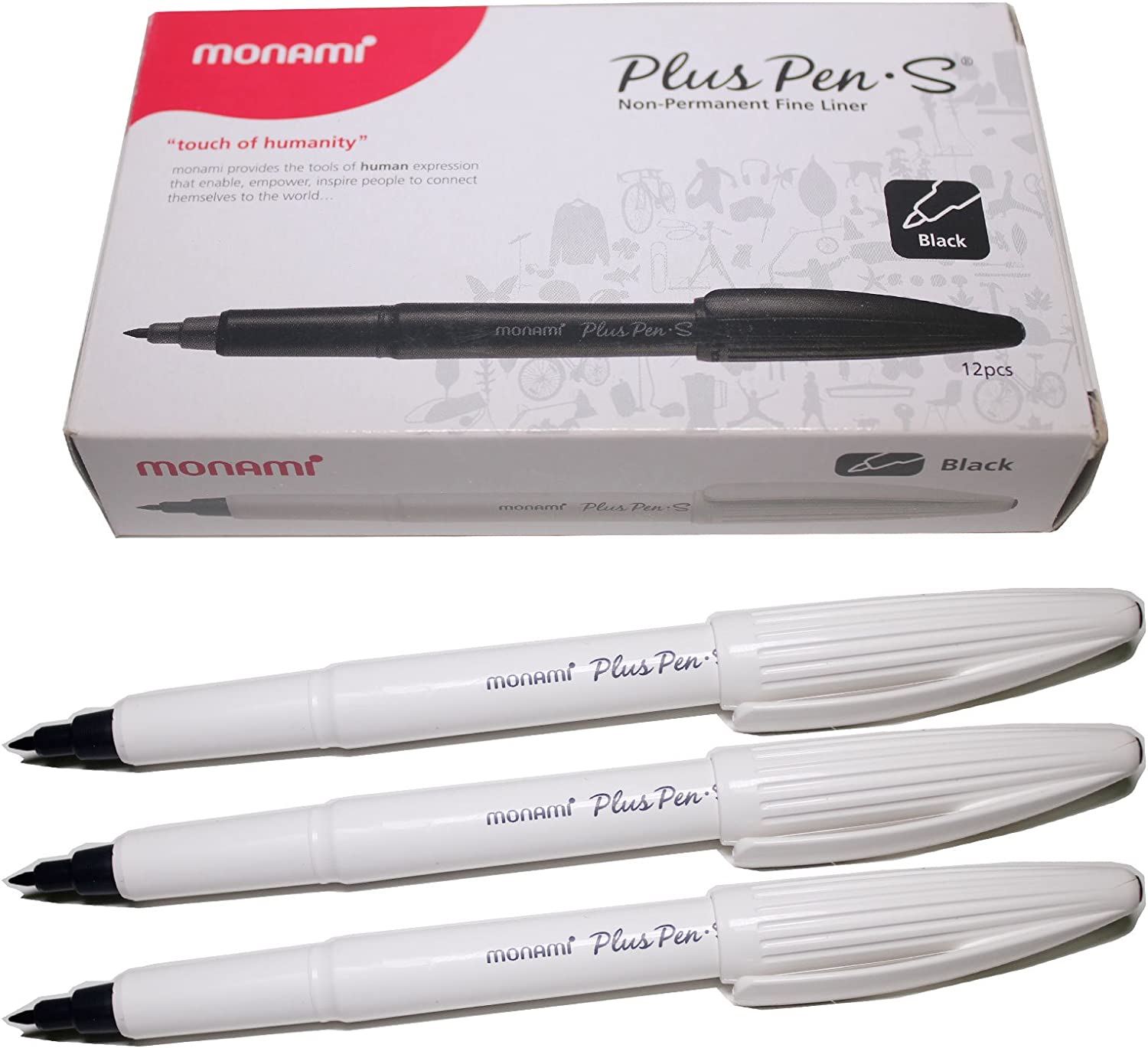 

Monami Plus Pen S на водной основе, тонкая ручка-лайнер, черные чернила (12 шт.) White Body