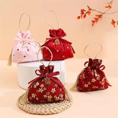 1 Stück Neujahr Chinesischer Stil Hochzeit Zucker Süßigkeit Beutel Kordelzug Roter Stoff Geschenktüte mit Quasten Dekoration Für Hochzeitsgäste