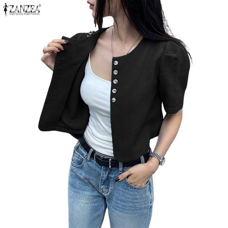 ZANZEA Damen Lässige Runde Hals Sommer Kurzarm Knopf Bluse