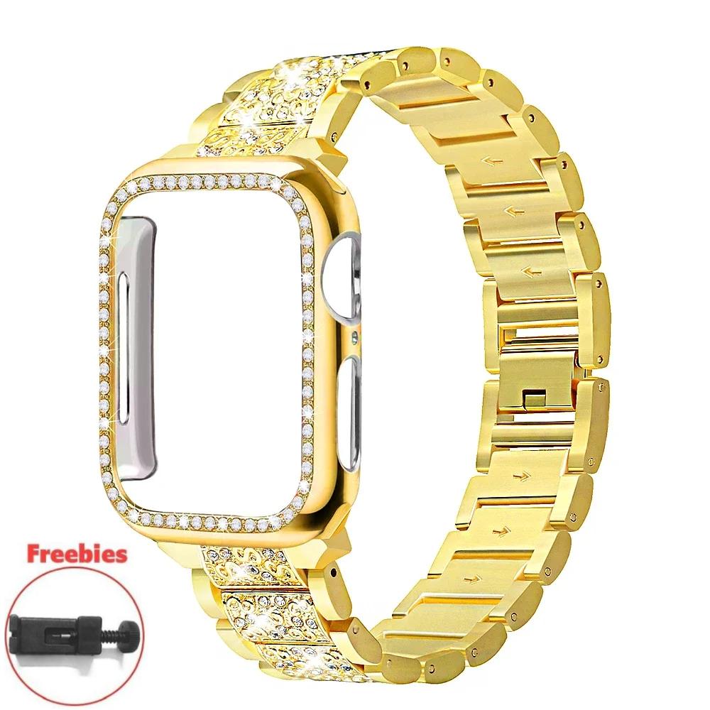 

Бриллиантовый ремешок для Apple Watch 10 46 мм Корпус+Ремешок Металлический браслет Correa для Iwatch 9 se 3 2 1 Ultra 49 мм 42/41/44/45/38/40 мм Наручный ремешок 45mm золотой