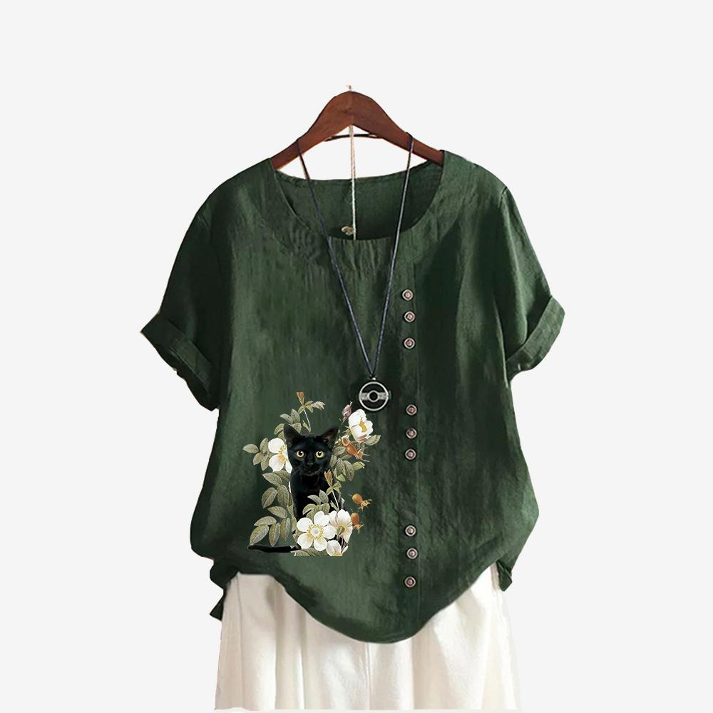 Women Fashion Short Sleeve T-shirt Summer&fall Casual Round Neck Cat Print Top Pullover Loose Cotton Linen Blouses