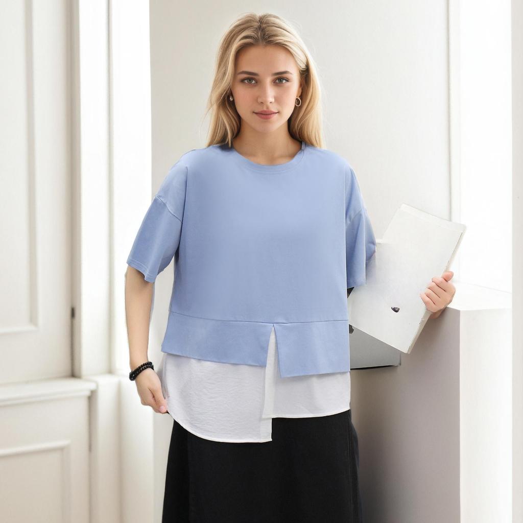 DIMANAF 2025 Übergröße Pullover Sommer T-Shirt Damen Asymmetrisch Uni Kurzarm Lockeres T-Shirt