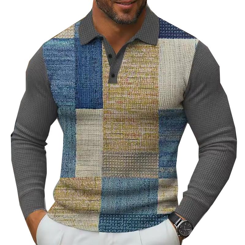 Men's Color Block Geometic Polo Shirt Long Sleeve Collared Shirts Casual Business Wear Daily Wear 3D Print Buttons Fall Winter