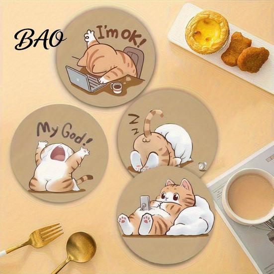 Unique Cat Themed Gifts Wooden Coasters, Decorative Heat Resistant Table Mats, Non-slip Cup Retro Pattern Coasters Insulation for Hot Drinks And Desk