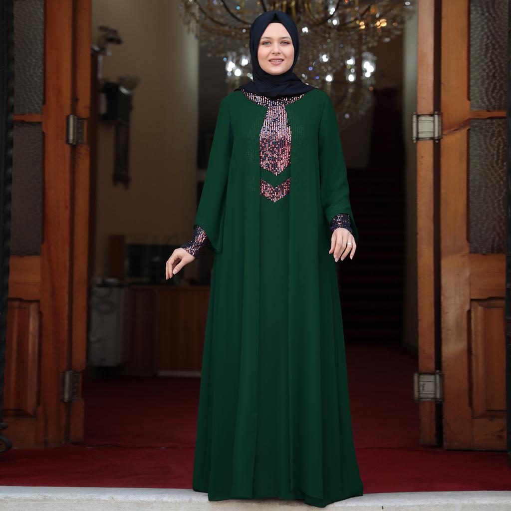 Women Plus Size Hijab Evening Dress Invitation Special Occasion Wedding High Quality Chiffon Fabric Muslim Turkish Stamp Sequin