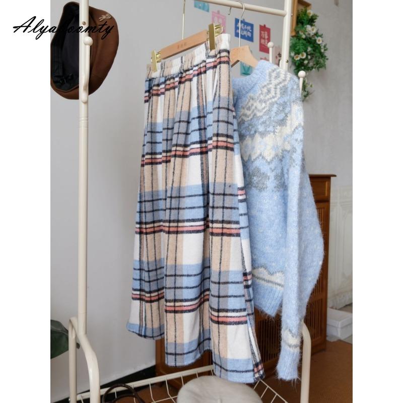 Japanese Mori Girl Autumn Winter Women Woolen Skirt Elastic Waist Blue Plaid Wool Skirt Thick Warm Sweet Elegant Midi Skirt