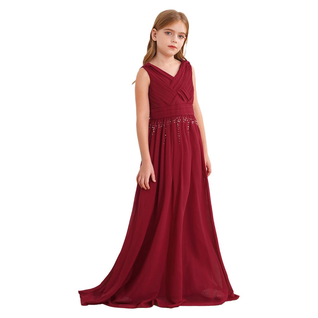 Glänzendes gerafftes verwobenes Chiffon-Kleid für Mädchen V-Ausschnitt ärmelloses Design Blumenmädchen langes Kleid Hochzeitsfeier Kleid