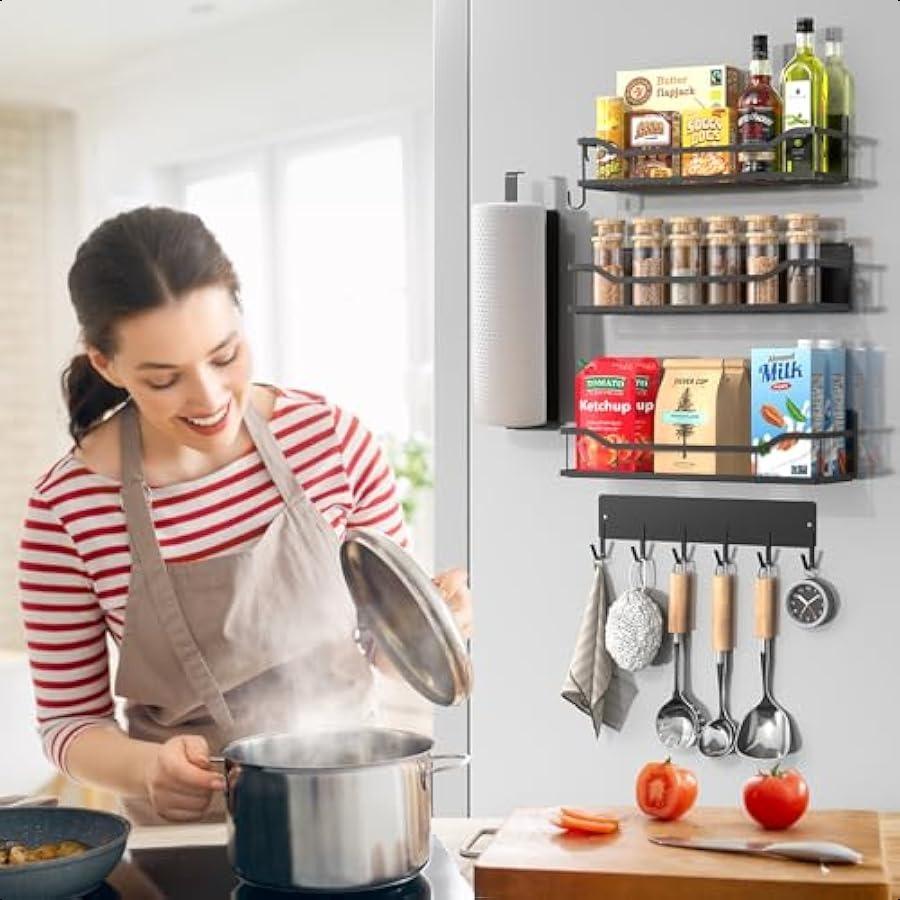Magnetic Spice Rack for Refrigerator 5 Pack Metal Strong Magnetic Shelf for Oven Moveable Spice Organizer with Paper Towel Hold