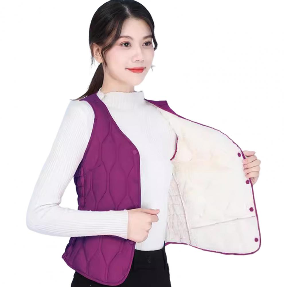Winter Women Layering Vest Coat Thin Padded Button Closure V Neck Sleeveless Solid Color Windproof Heat Retention Outdoor Down C