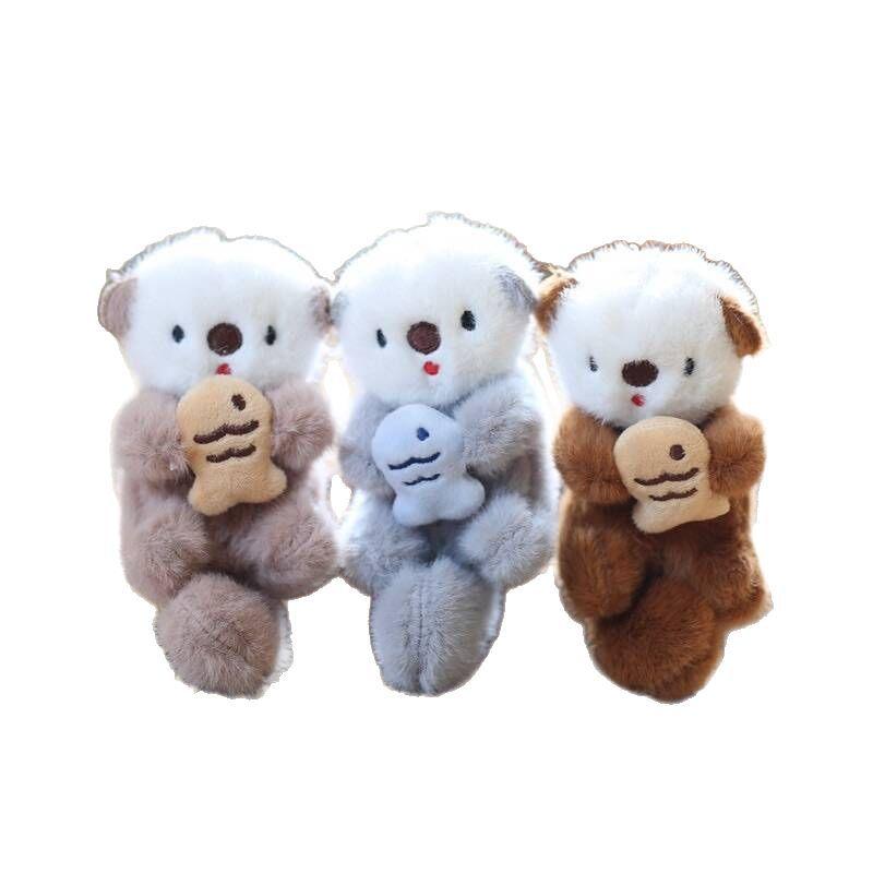 Cute Otters Holding Fish Plush Toy Keychain Backpack Keyrings Bag Pendant