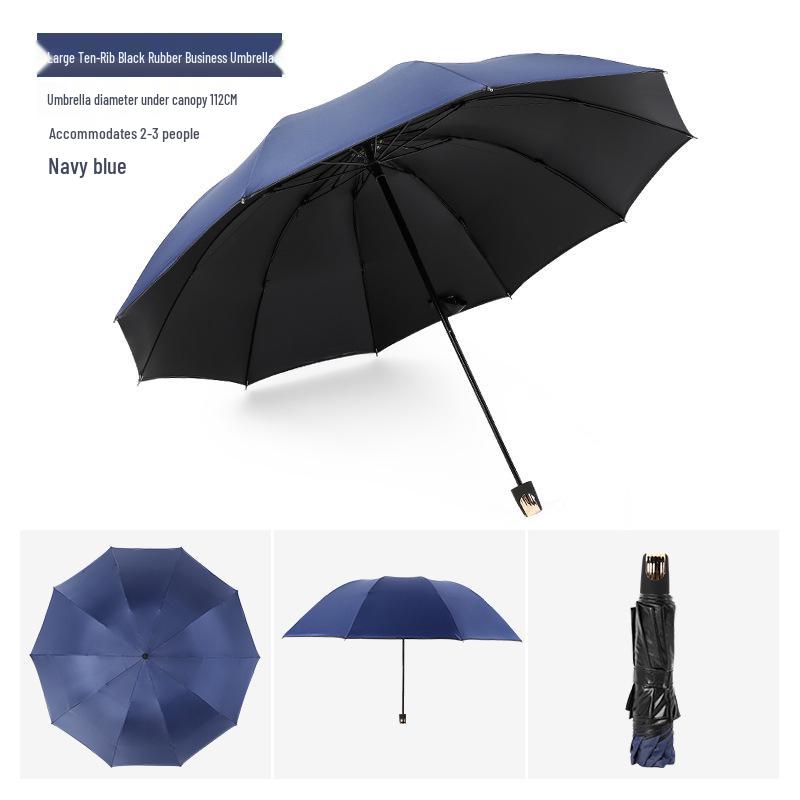 Black Reinforced Folding Umbrella, Sun & Rain Protection, Solid Color, Three-Fold, Fits 1-2 People, Ideal for Business Men & Women.