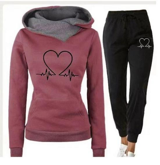 Women's Heartbeat Print Hoodie & Sweatshirt Set - Casual Sportswear for Spring & Autumn