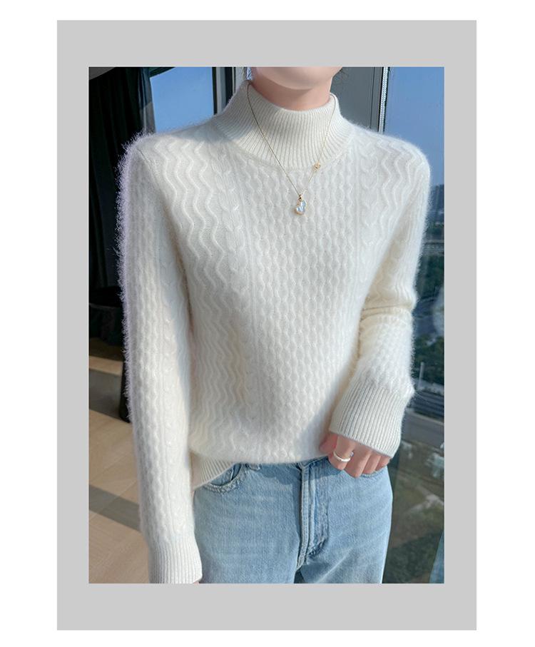 Women's Loose Cable Knit Cashmere Sweater - Double-Ply Wool, Double-Layer Collar, Base Layer for Autumn/Winter