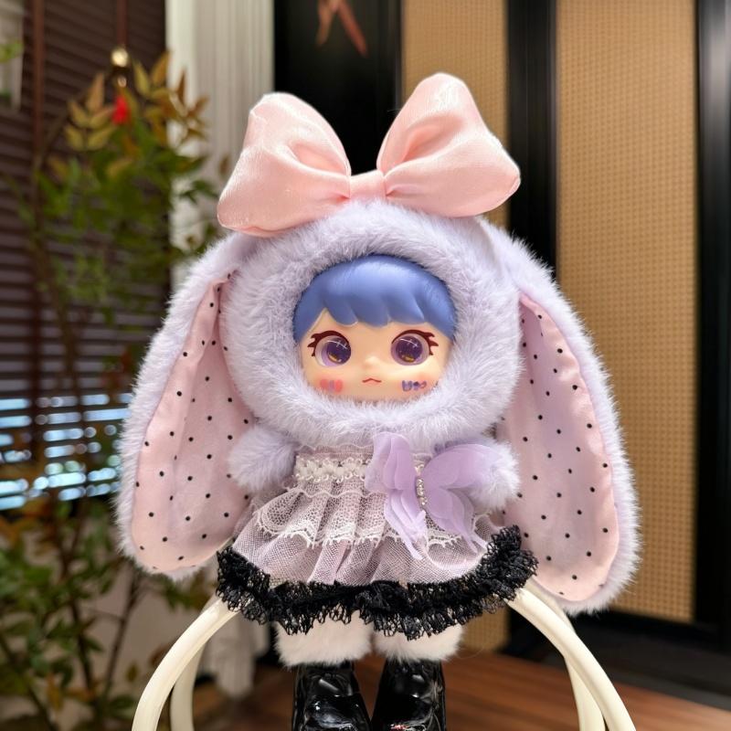 Cute Fluffy Bunny Ear Plush Vinyl Doll Keychain Bag Charm Pendant Soft Fuzzy Fabric Lace Dress Girls Birthday Gifts