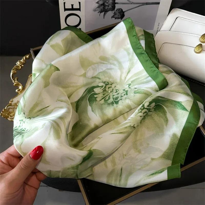 Blomsterskjerf i silkeimitasjon for dame, halsklede, bandanaer, foulard, sjal, omslag, hårbånd for kvinner, moteriktige blomsterskjerf
