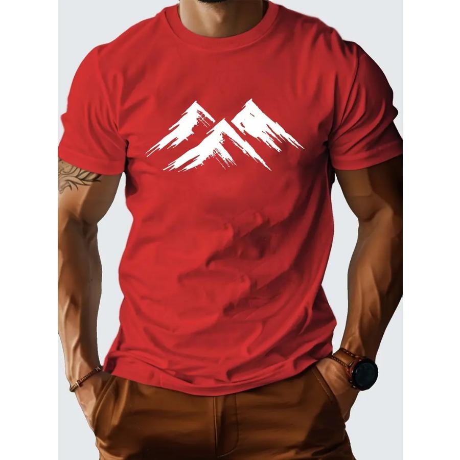 Men's 100% Pure Cotton Mountain Pattern Printed T-shirt, Casual Short Sleeved Round Neck T-shirt, Men Summer Outdoor Clothing
