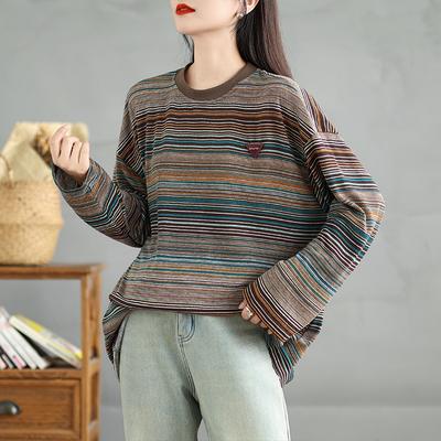 New Plus Size Women Full Sleeve Casual O-Neck Loose Autumn Basic Tops T-Shirt New Stripe Pullover