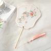 Handmade Embroidery Ancient Style Long Handle Fan Classical Pearl Tassel Flower Shape Fan Vintage Elegant Dancing Fan Travel