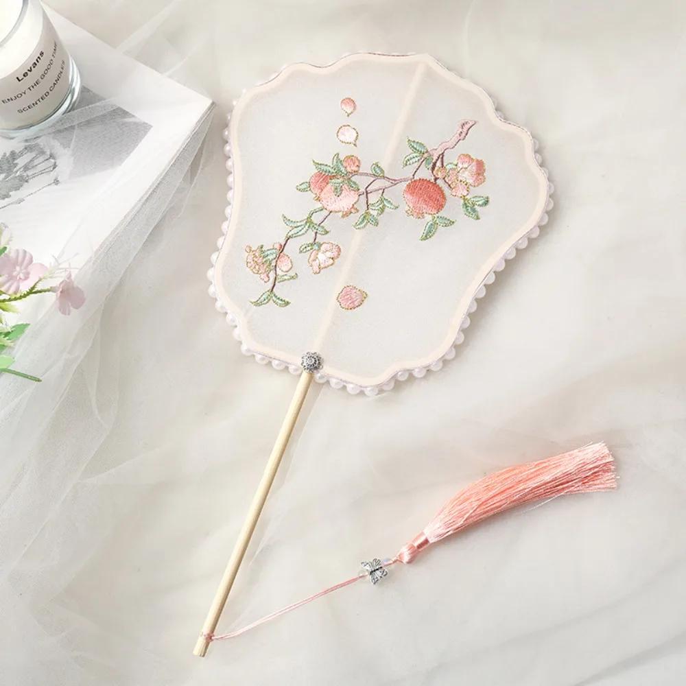 Handmade Embroidery Ancient Style Long Handle Fan Classical Pearl Tassel Flower Shape Fan Vintage Elegant Dancing Fan Travel