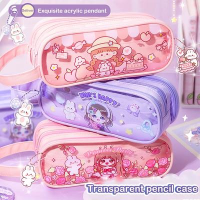 Kawaii Transparent Portable Pencil Case Multi-functional Multi-layer Pencil Box Storage Bag School Office Supplies Stationery