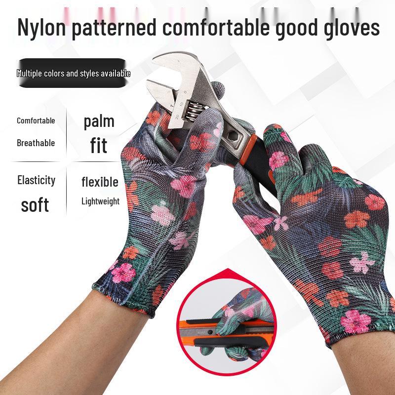 Women's Thin Nylon PU Anti-Slip Breathable Work Gloves: Wear-Resistant, Adhesive Coated Palm and Fingertips for Safety.