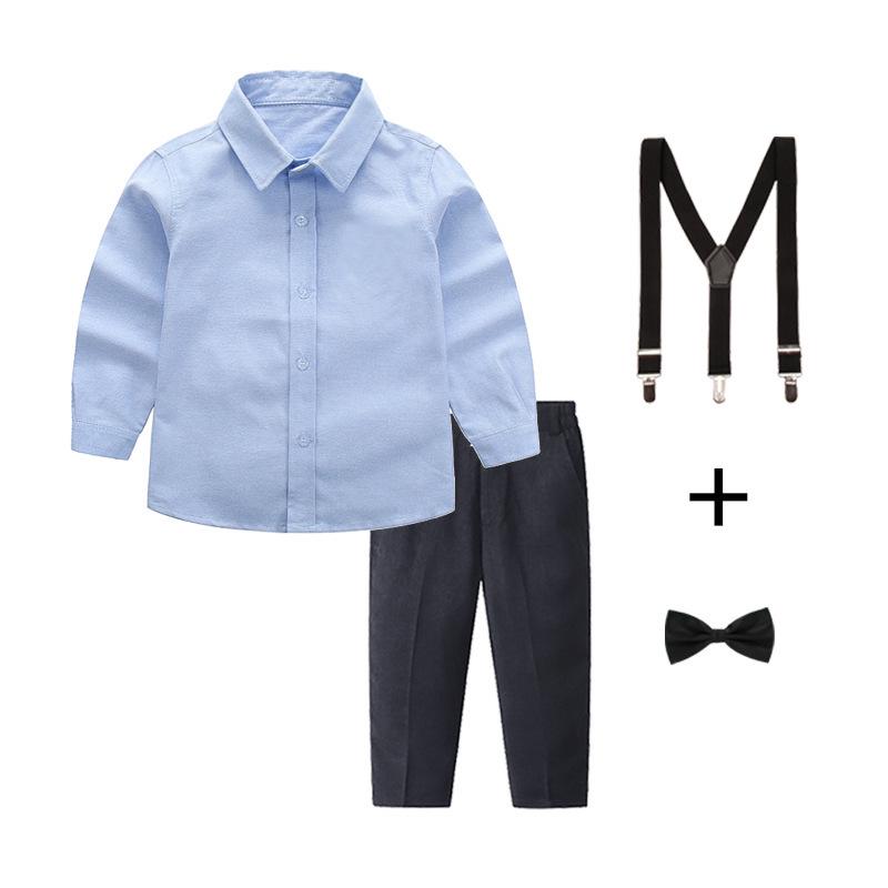 Boys' White and Blue Long-Sleeved Shirt & Black Long Pants Set Performance Costume