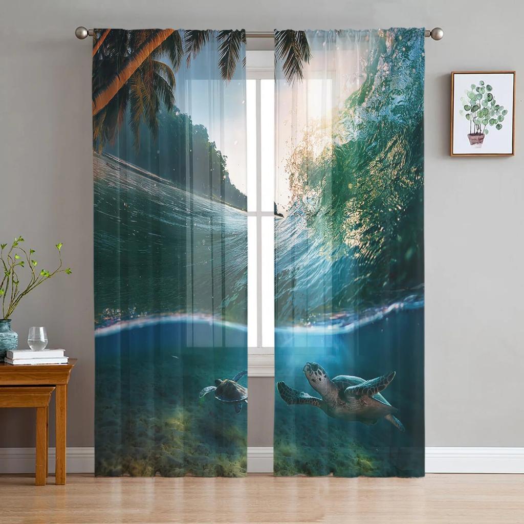 Blaue Ozean-grüne Schildkröten-Tüllvorhänge für Schlafzimmer, moderne Voile-Vorhänge, Heimdekoration, Fenstervorhänge