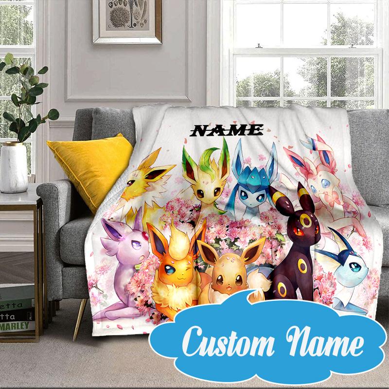Custom Name Blanket Eevee Evolution Flannel blankets Patterns Throw Blanket All-Season Soft Gift for Couch, Bed, Camping Birthday gifts