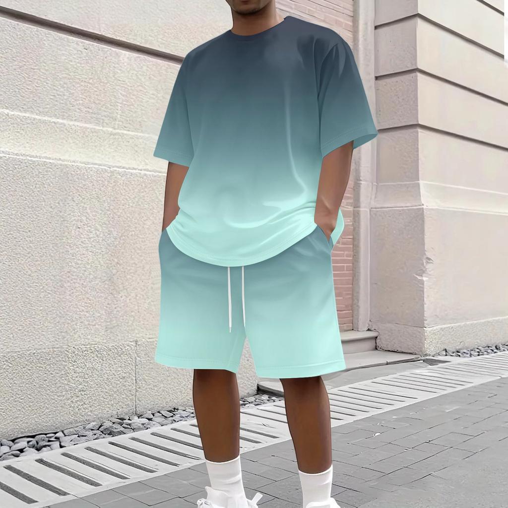Men's Gradient Print Casual Short Sleeve Crew Neck Top and Shorts Set Lightweight Breathable Summer Outfit for Everyday Wear