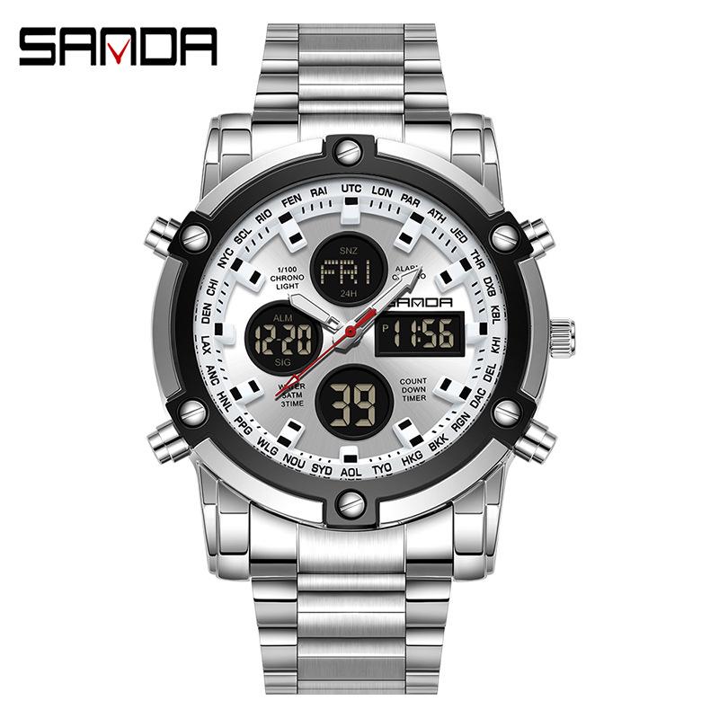 Sanda Dual Movement 5ATM Waterproof Multifunctional Steel Band Men's Watch with Alarm Clock