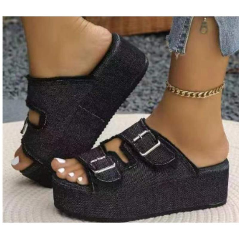 New Summer Women's Plus Size Wedge Denim Belt Buckle Slip on Chunky Sole Outdoor Slide Sandals