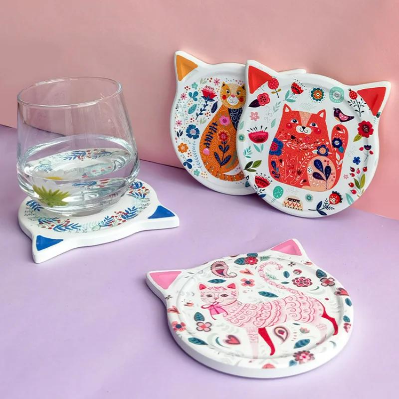Cute Cat-shaped Ceramic Coaster Heat Insulation Pad Table Water Cup Holder Coffee Cup Non-slip Mat