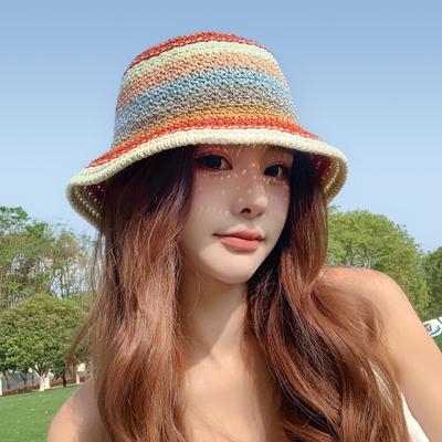 Rainbow Knitted Bucket Hat Summer Hat Women's Vhat Sun Protection Outdoor Sun Hat Straw Hat