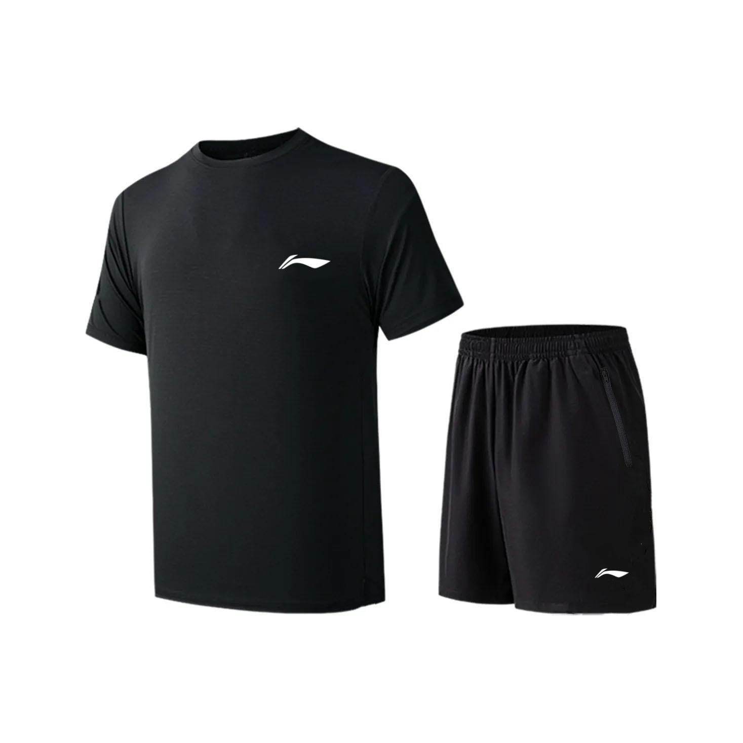 Li-Ning Quick-Dry Zip Fitness Short Sleeve Shorts Simple Sports Suit Men suit Black YATW083-2 S
