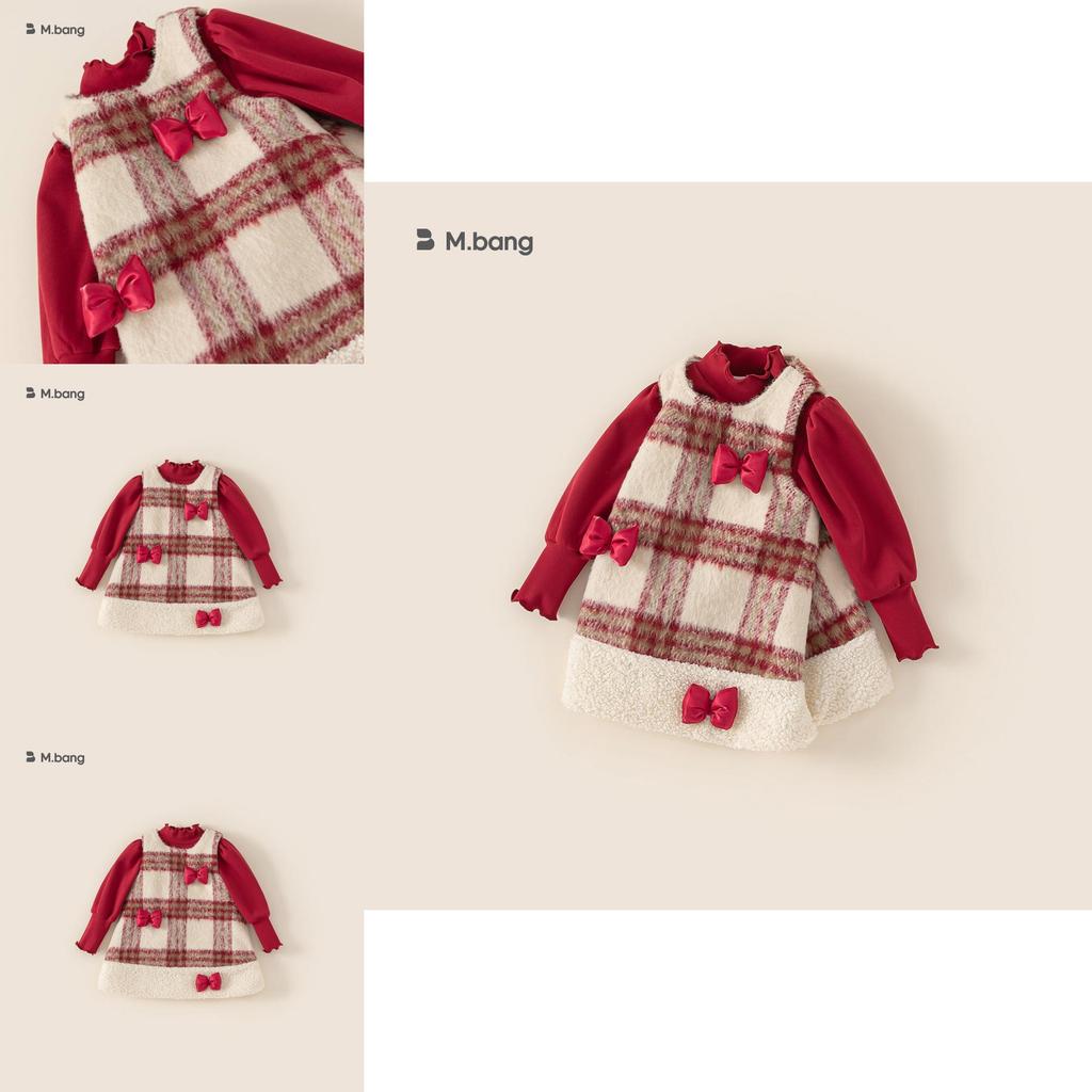 Red Top Bowknot Checkered Vest Skirt Christmas Set Children Autumn Clothing For Ages 3 To 8