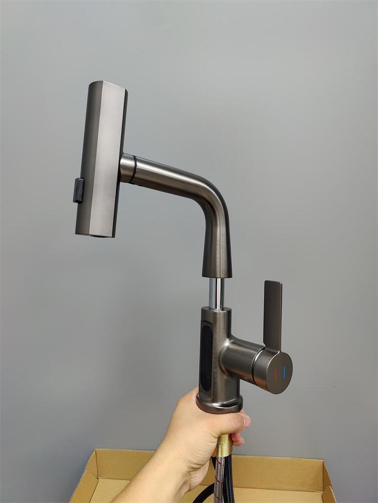 Gunmetal Multifunctional Pull-Out Basin Faucet for Bathroom