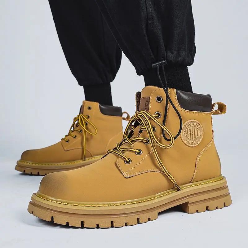 2026 Trendy Men's Lace Up High Top Fleece Lined Cotton Workwear Boots Spring Autumn Outdoor Motorcycle UK Style Short Boots