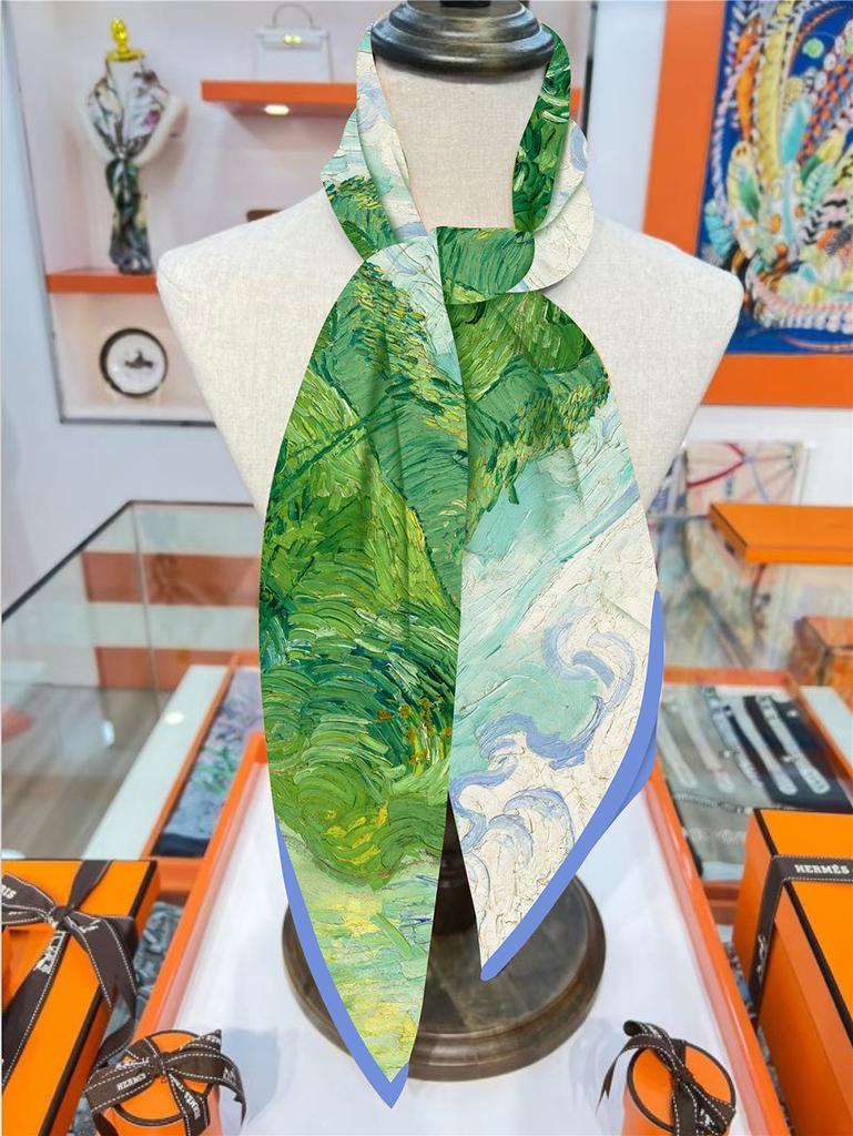 New Design Shawl Green Field Printed Silk Scarf Square Scarves Lady Wraps Kerchief Woman Neck Shawl Wraps Echarpes Hijabs 90CM