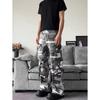 JYL Men's Cargo Pants Nirben American Camo Vintage Loose Floor-Length Denim