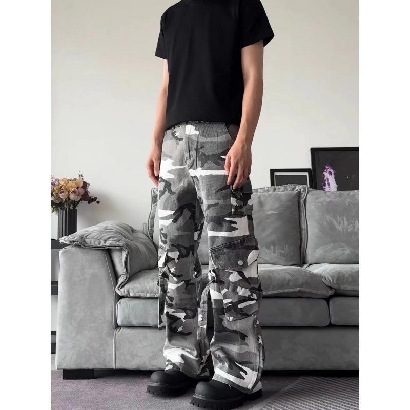 JYL Men's Cargo Pants Nirben American Camo Vintage Loose Floor-Length Denim