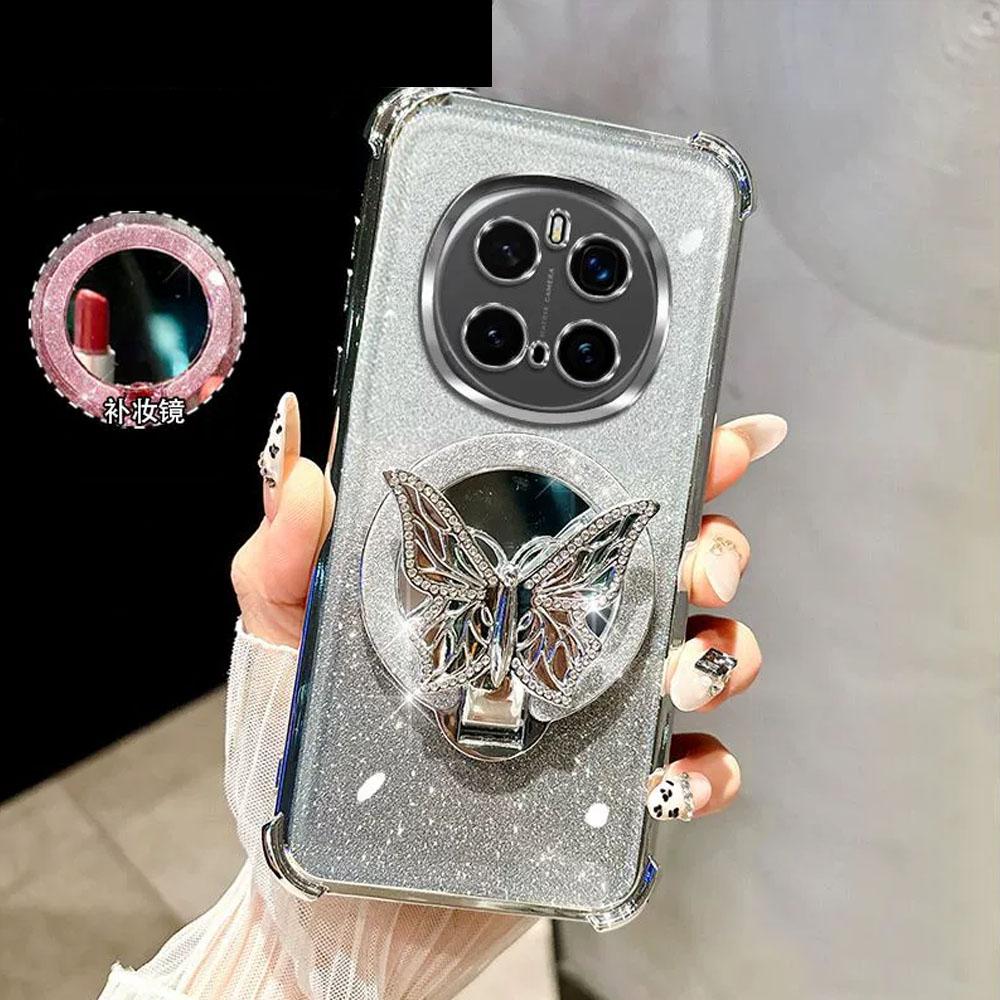 Glitter Mirror Butterfly Bracket Magnetic Holder Case for Oneplus 13 One Plus 13 12 12R 13R Oneplus13 R Shockproof Clear Cover