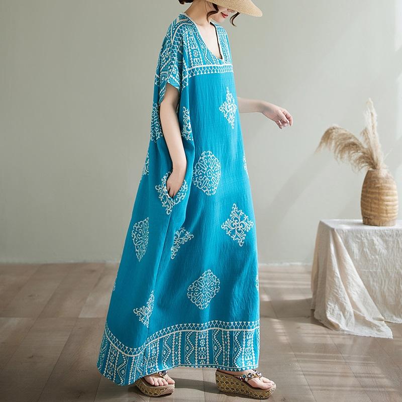 Krátký rukáv Plus size Bavlněné vintage květinové nové šaty pro ženy ležérní volné dlouhé letní šaty